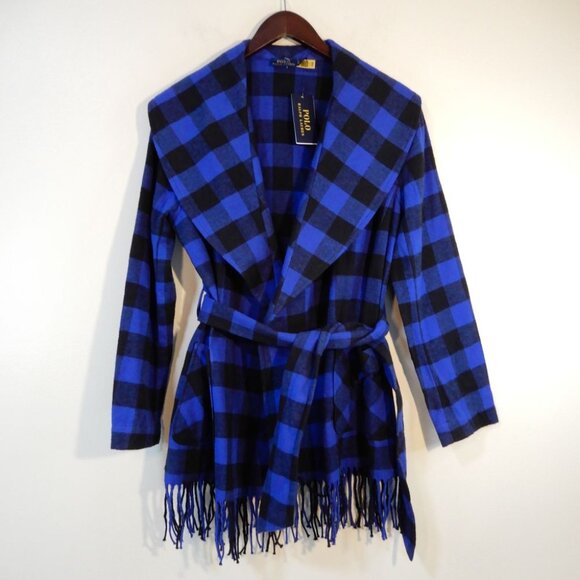 POLO RALPH LAUREN Checked Belted Shawl Collar Jacket XS Fringe Blue NEW $328 - Picture 8 of 14